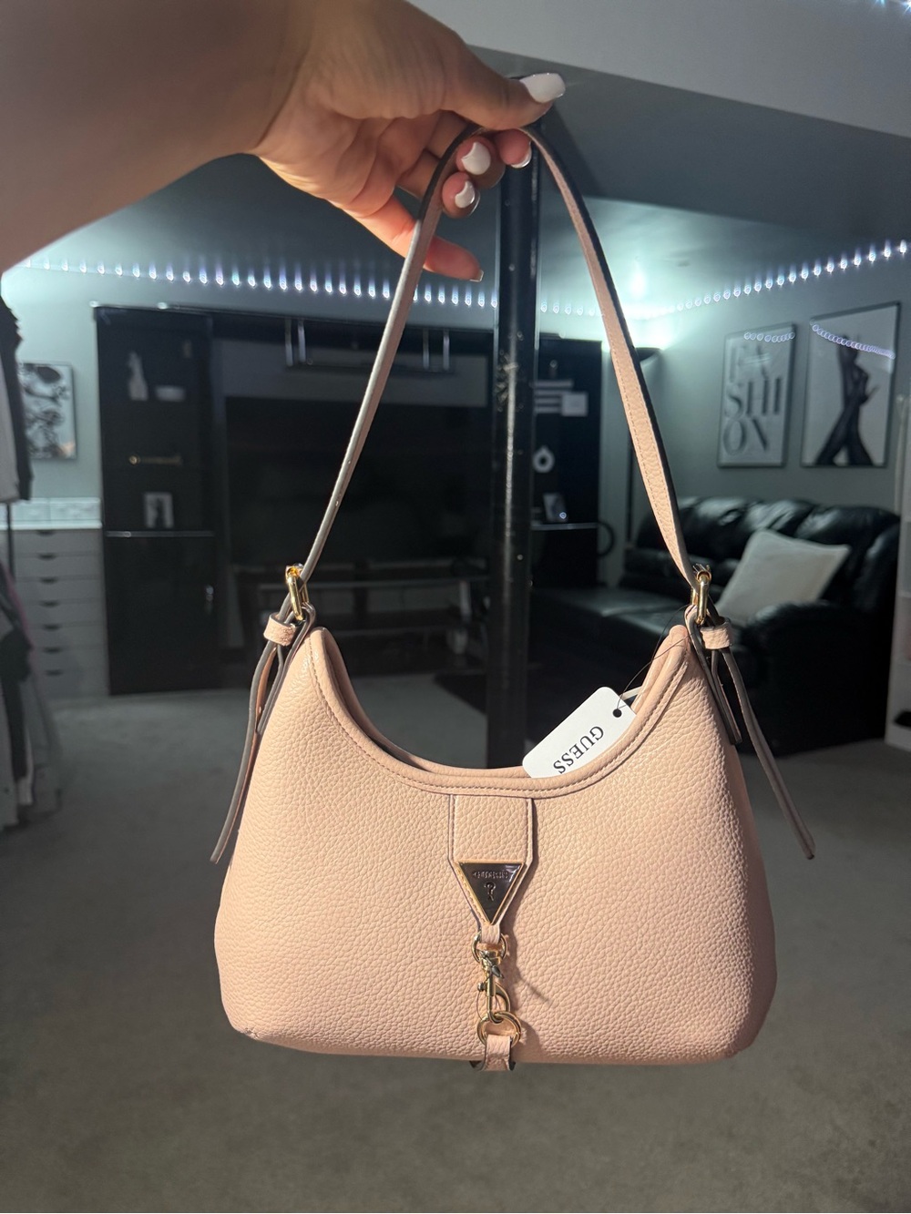Guess Blush Pink Pebble-Textured Shoulder Bag with Gold Hardware